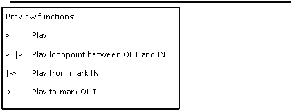 Legende mit Linie (1): Preview functions:>	Play>||> 	Play looppoint between OUT and IN|->	Play from mark IN ->|	Play to mark OUT